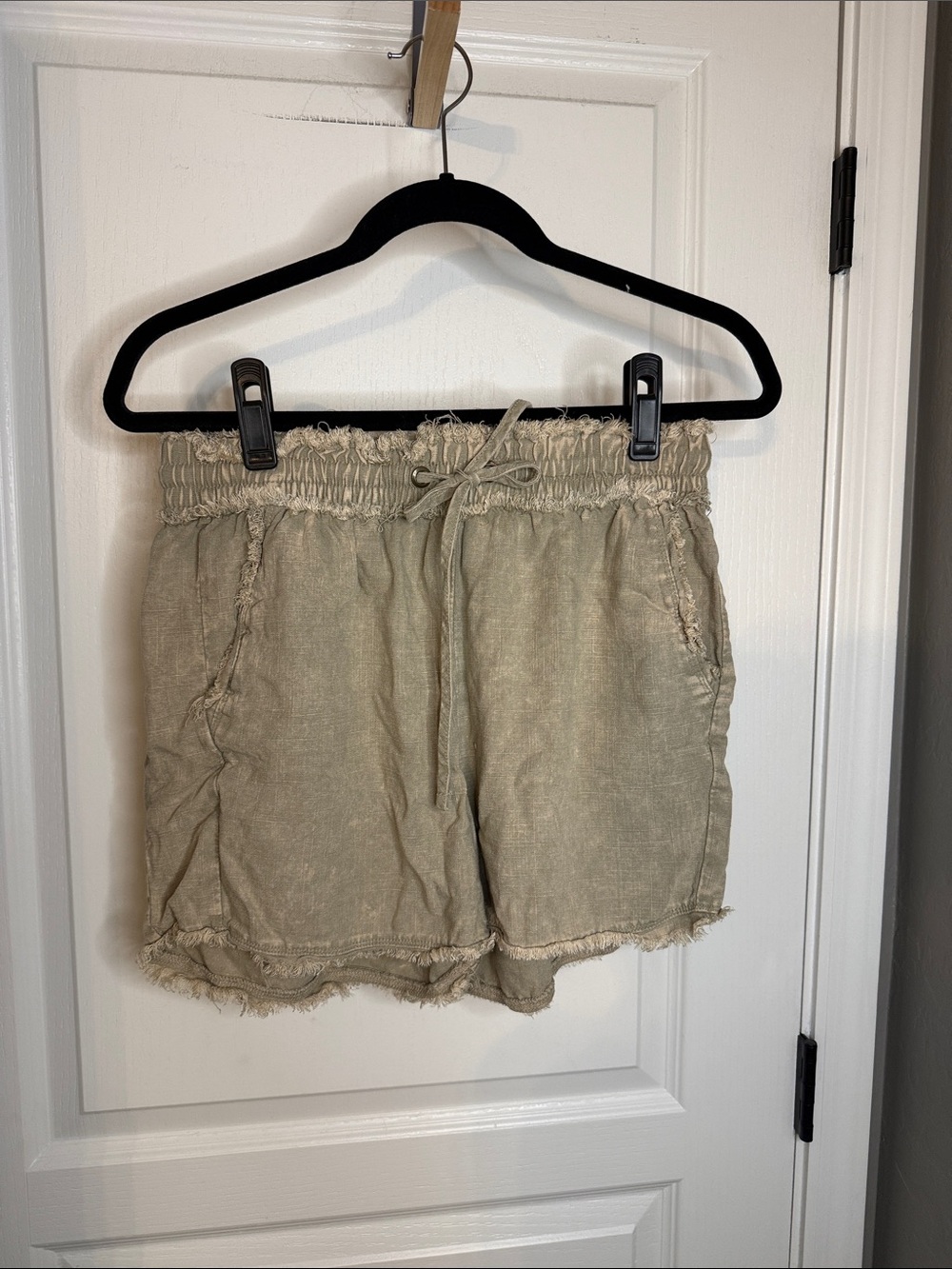 Zenana Outfitters Olive High-Waist Frayed Drawstring Shorts